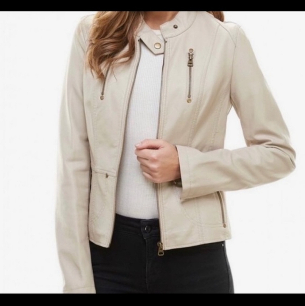 TCEC Leather Faux Moto Zipper Jacket‎ in Beige Tan Size S
